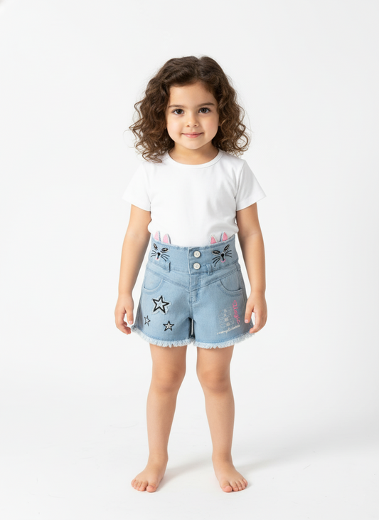 Kids High-Rise Bunny Face Denim Shorts