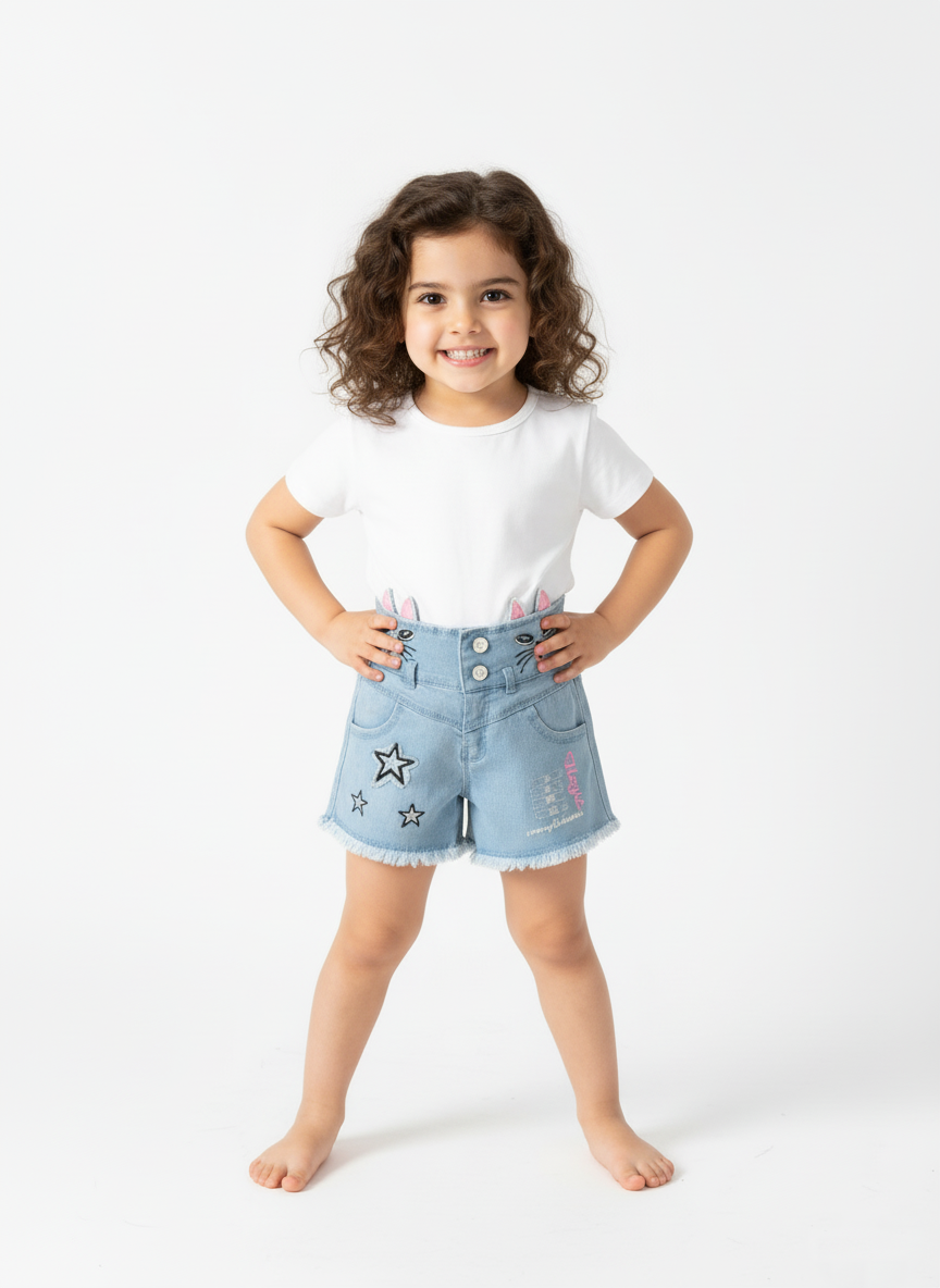 Kids High-Rise Bunny Face Denim Shorts