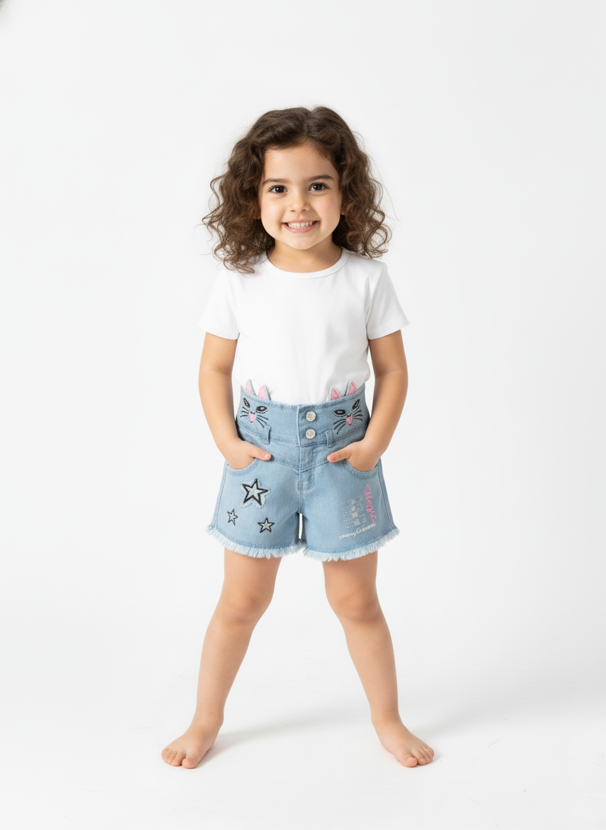 Kids High-Rise Bunny Face Denim Shorts