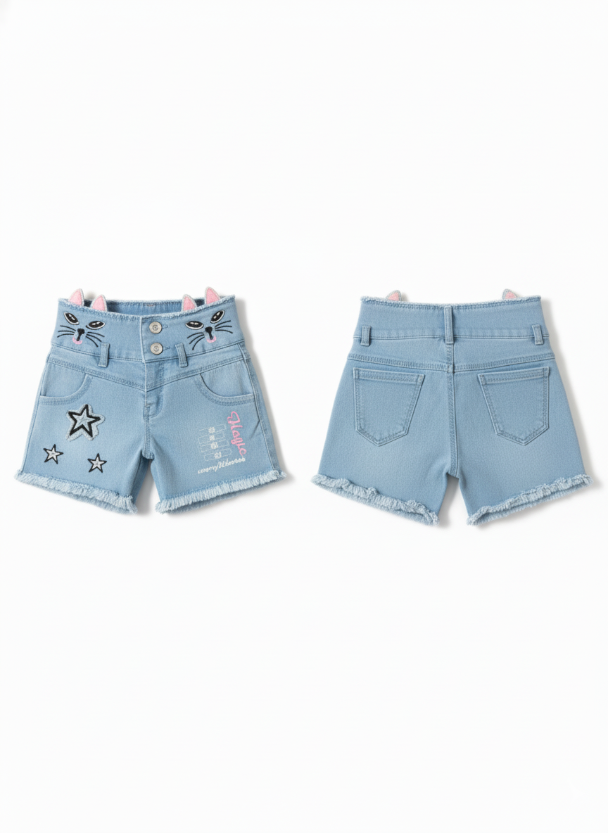 Kids High-Rise Bunny Face Denim Shorts